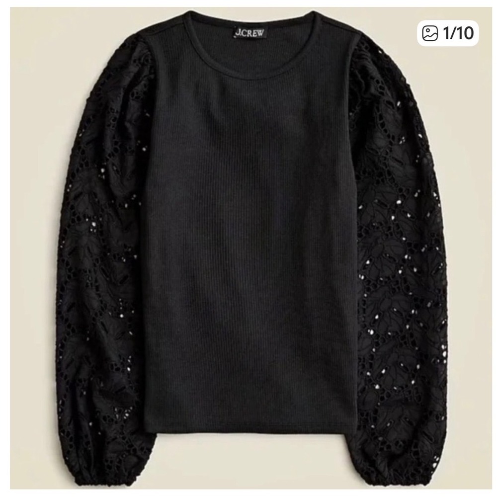 J Crew Vintage Rib Top W Co‎ Lace Puff Sleeve Black Small New With Tags